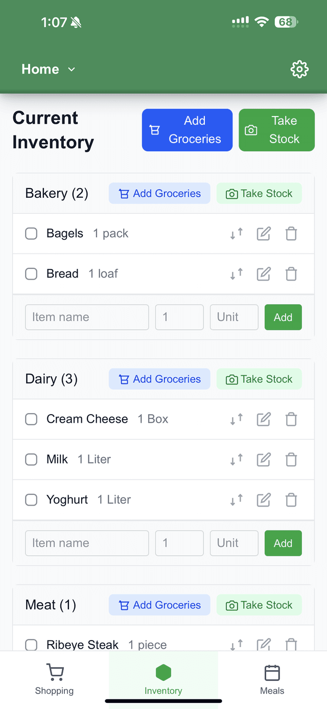 Current inventory organized by category showing bakery, dairy, and meat items