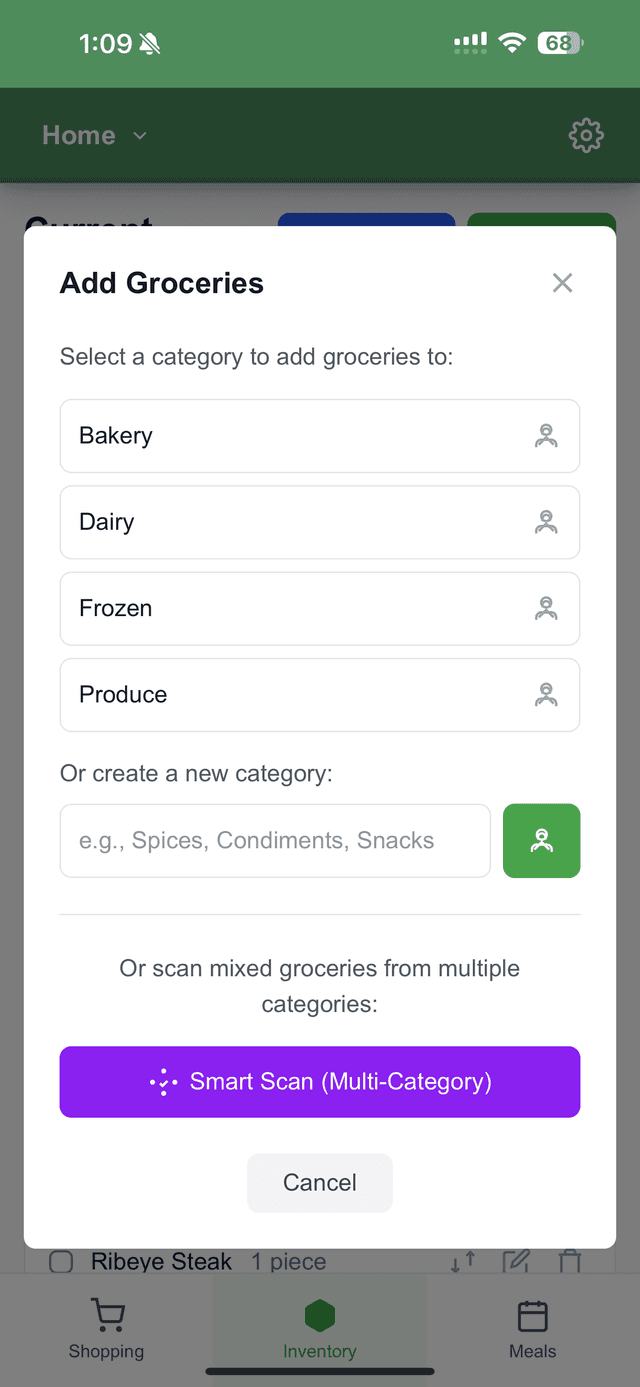 Smart Scan interface for adding groceries with multi-category processing