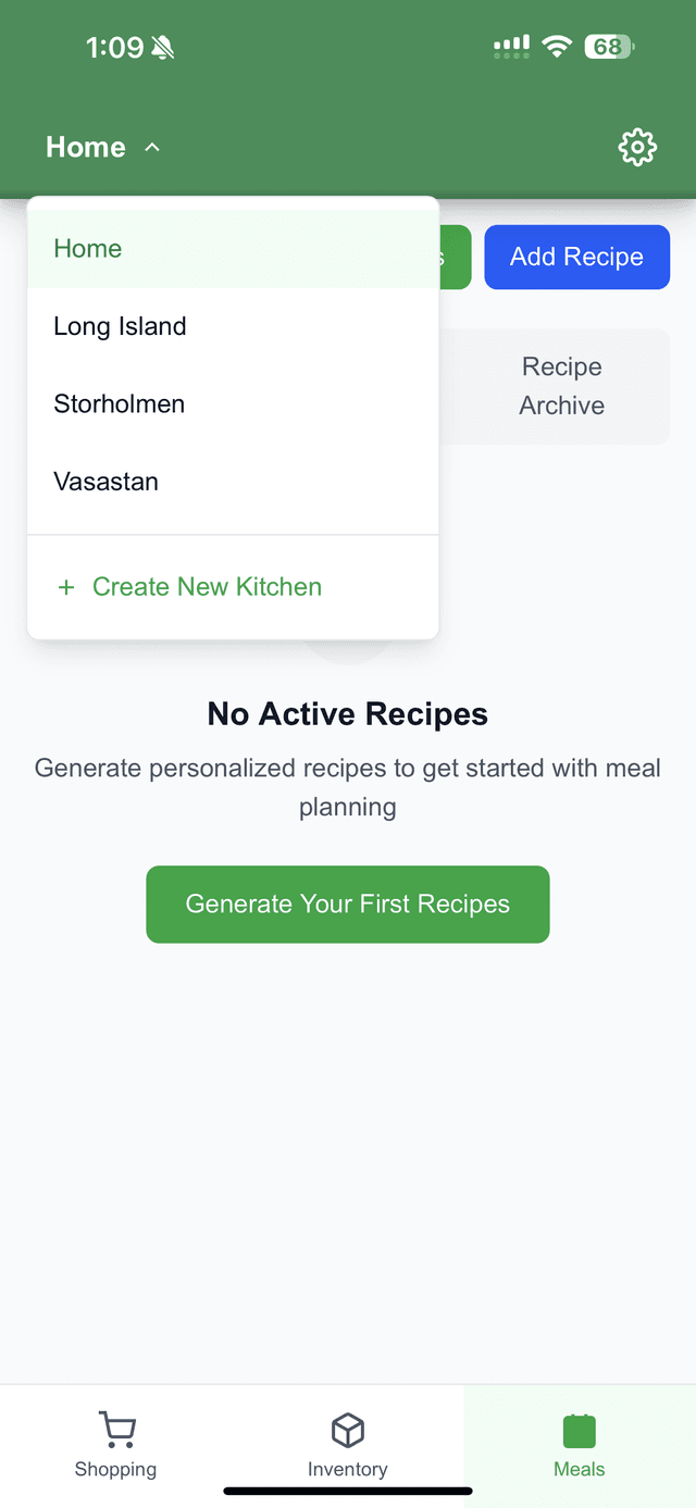 Kitchen switcher showing multiple locations: Home, Long Island, Storholmen, Vasastan