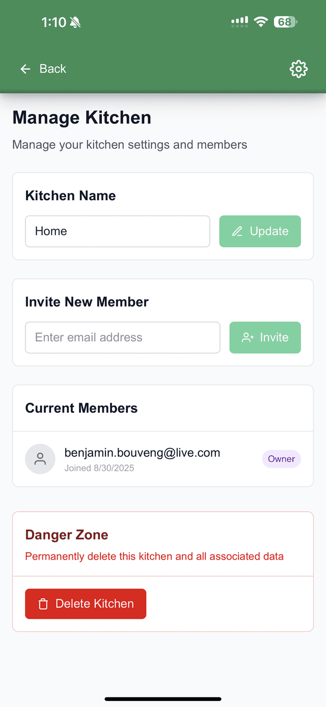 Manage Kitchen interface showing member invitations and kitchen settings