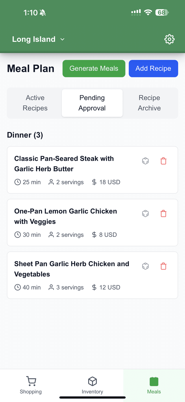 Active meal plan showing generated recipes with time, servings, and cost