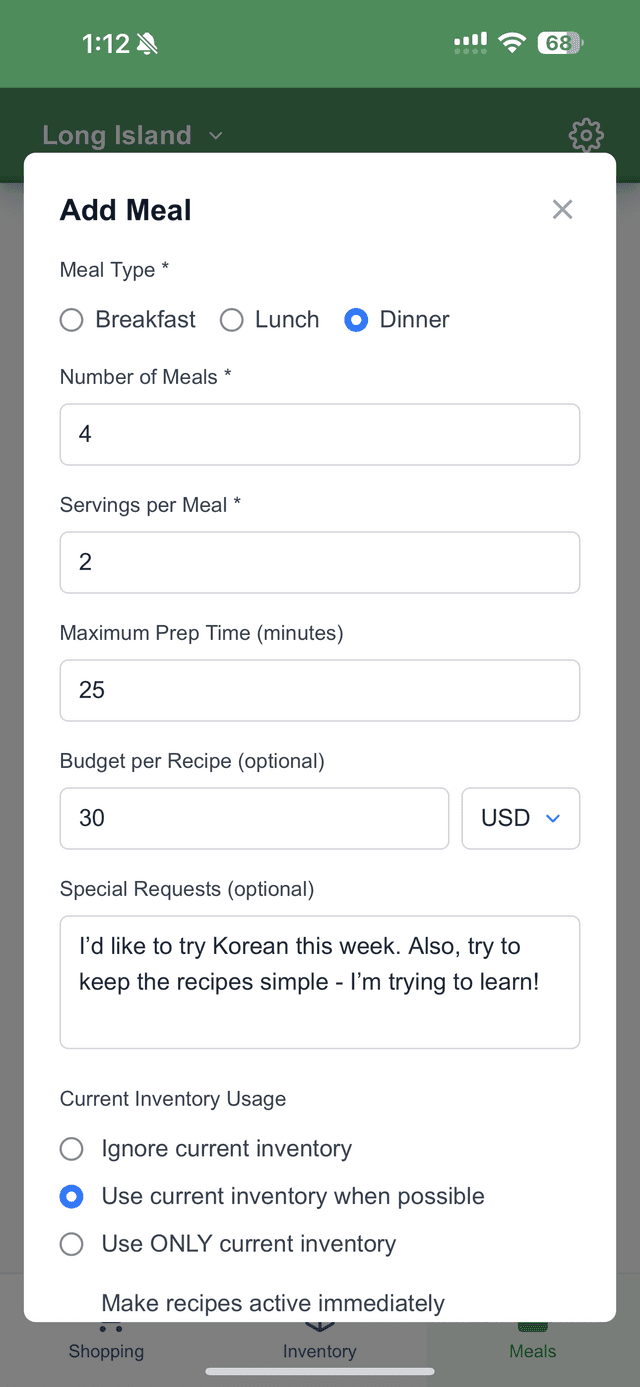 Meal generation form with dietary preferences, budget control, and inventory usage options